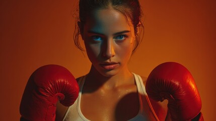 Strong woman in boxing gloves, radiating determination and focus