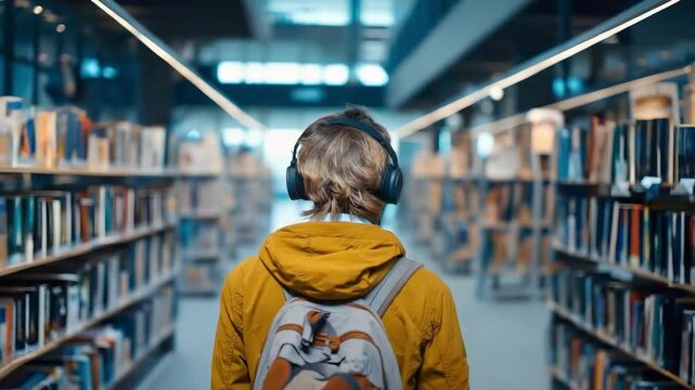 Back view of a person wearing a yellow jacket and backpack, listening with headphones as they walk down a library aisle between tall shelves.