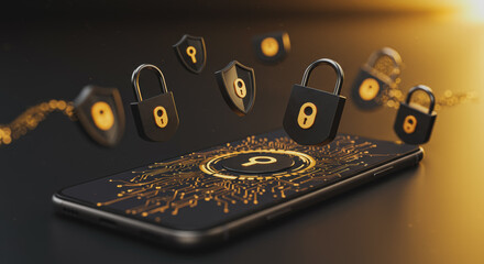 A conceptual image depicting digital security and data protection, with a modern smartphone at its core. Showcasing an abstract representation of advanced cybersecurity measures.