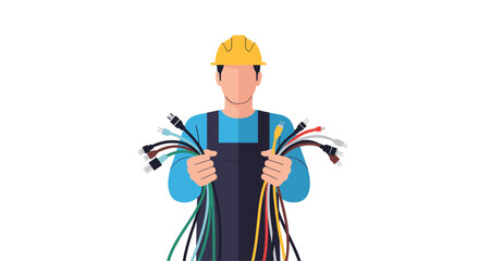 Talented electrician holding network cables ready for connection and install in modern building, ensuring optimal internet access solutions