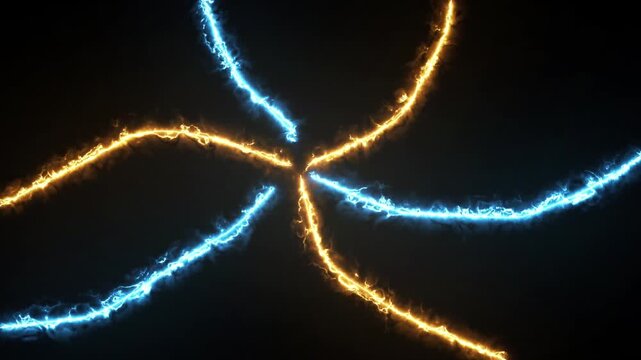 Two glowing neon lines, one blue and one orange, move and undulate like energy streams on black background. For sci-fi, tech, or versus concepts