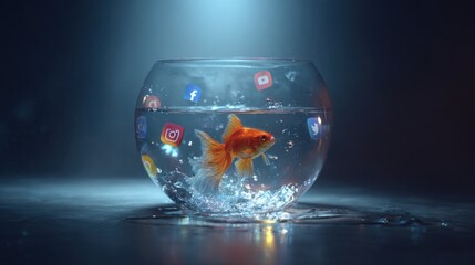 A goldfish swimming in a glass bowl, with social media icons floating around it. The image captures the fish's movement in water