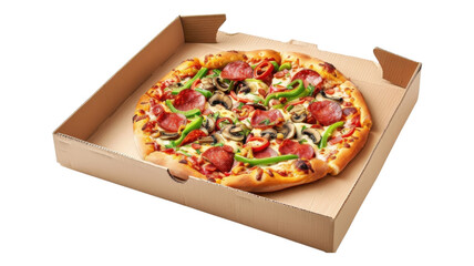 A fresh pizza inside cardboard box now on transparent background