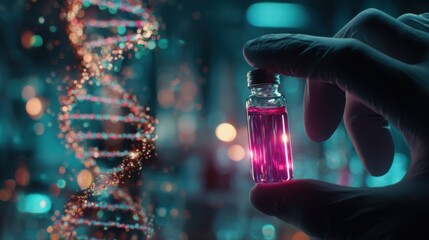 An scientific illustration featuring a close-up of a hand holding a vial with a vibrant pink liquid, alongside a detailed DNA strand graphic.