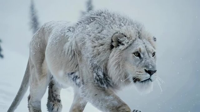 Majestic white lion standing in the snow during winter.