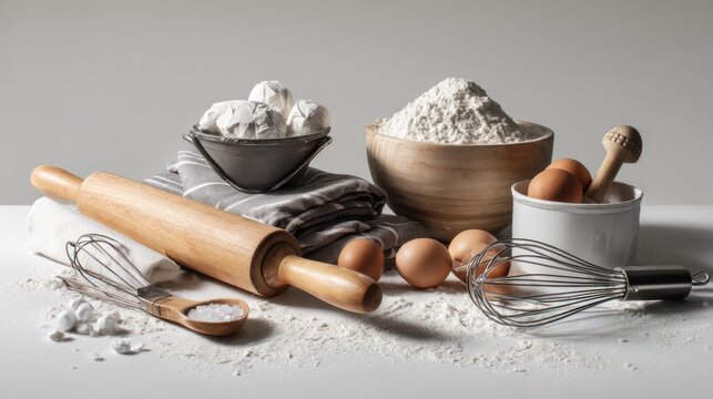 A delightful arrangement of baking ingredients ready for a homemade creation. The scene showcases flour, eggs, rolling pin and a whisk - Powered by Adobe