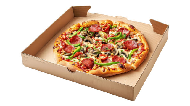 A fresh pizza inside cardboard box now on transparent background - Powered by Adobe