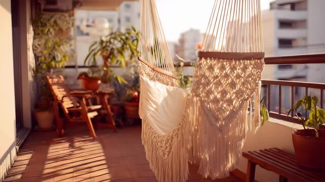 Sunlit balcony with two macram&eacute; hanging chairs, potted plants, and wooden furniture.