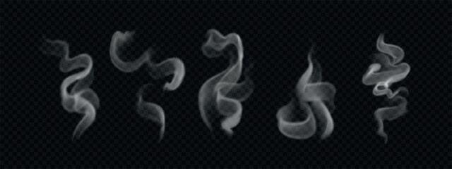 Set of realistic wavy steam and hot smoke. Various swirl vapor from hot food and drink on transparent background