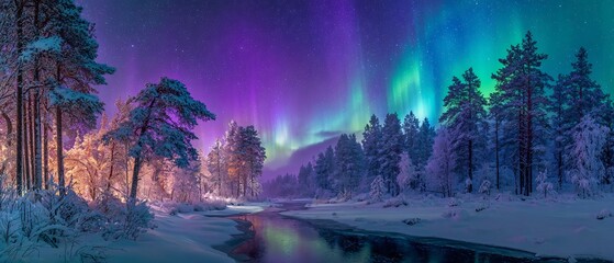 Aurora borealis over snowy forest river, vibrant Northern Lights winter night landscape, starry sky.