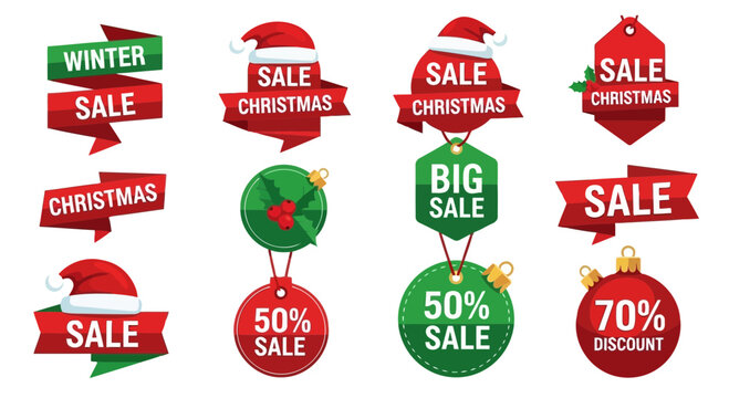 Collection of christmas sale tags and labels with santa hats, ribbons, and discount percentages