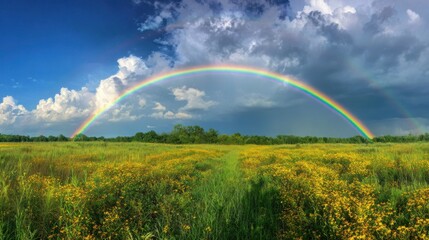 Obraz premium A vibrant rainbow arching gracefully over a picturesque landscape after a rain shower. A field of greenery and wildflowers leading towards the colorful arc, set against a dramatic sky