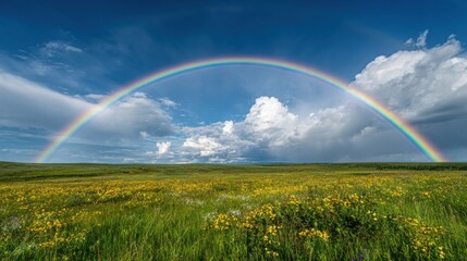 Obraz premium A vibrant rainbow arching gracefully over a picturesque landscape with lush green grass and yellow wildflowers. The clear blue sky is filled with fluffy white clouds.