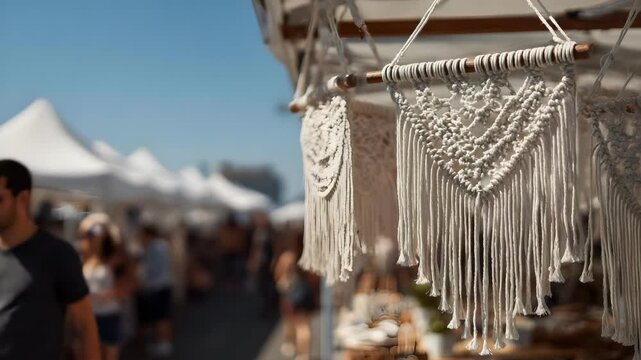 White macrame wall hangings on display at an outdoor craft market with people browsing in the background.