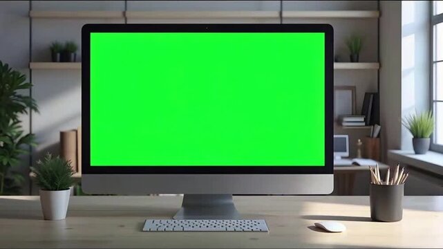 Close up of green screen on computer in empty business office. Isolated template and mock up background with chroma key on monitor, nobody in workplace. Mock-up copy space app on display.
