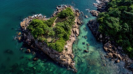 An aerial view showcases a heart-shaped island surrounded by the clear blue sea