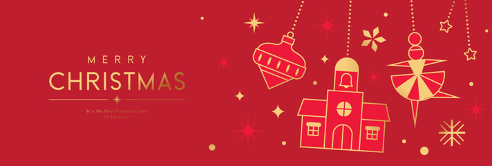 Fototapeta premium Luxury Christmas vector illustration with golden outline Christmas elements on red background. Season's greeting design for banner, poster, cover, greeting card.