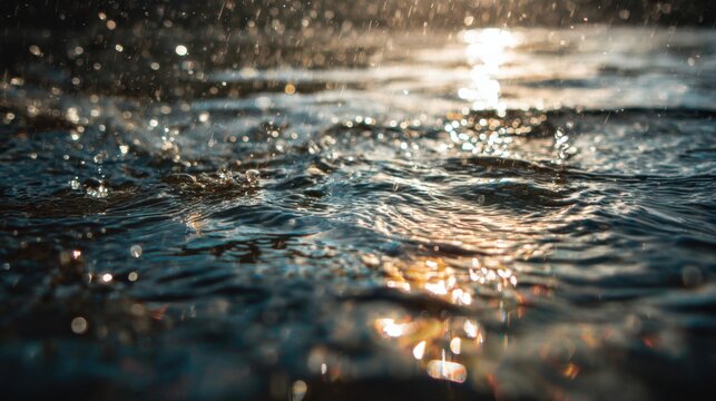 Abstract shot of sparkling water with sunlight reflections and bubbles. The scene evokes a sense of calm and natural beauty
