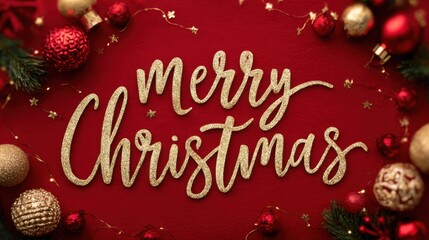 A festive Christmas card design with the words Merry Christmas in elegant gold script, adorned with ornaments and decorations. The background is a vibrant red hue
