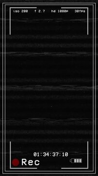 Vertical 9:16 retro vcr recording screen with heavy vhs noise, scan lines, and camera settings. For creating authentic 80s or 90s found footage look