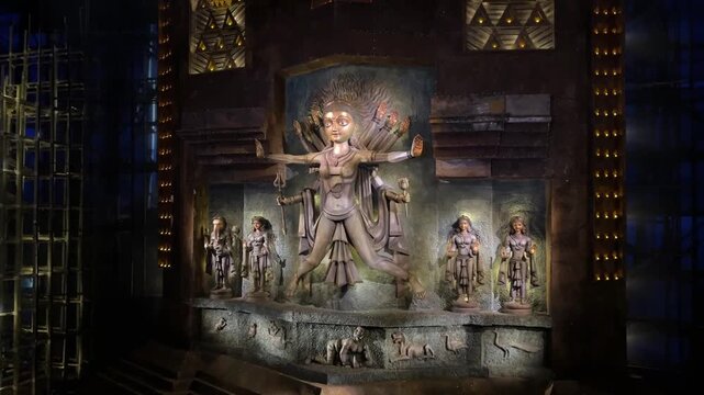 Beautiful dark theme Durga Maa idol at a pandal in Kolkata