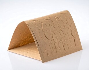 A bent sheet of textured paper, arched to create a triangular shape, revealing a subtle, raised pattern. Warm, neutral tones