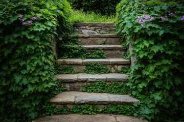 Abandoned stone staircase surrounded by lush greenery nature outdoor vertical viewpoint serenity and exploration