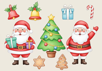 Fototapeta premium Watercolor Illustrations of Festive Santa Claus with Gifts, Ornaments, and Christmas Tree