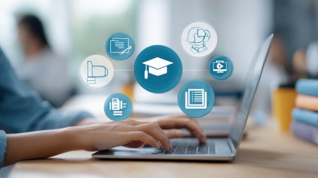 A person uses a laptop that displays several education icons, symbolizing online learning and education