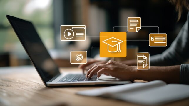 Woman working on a laptop with digital education elements overlayed on the screen