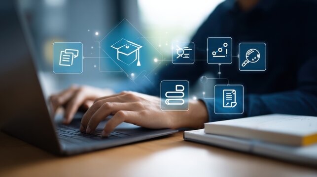 Online learning and educational technology concepts, a person using laptop