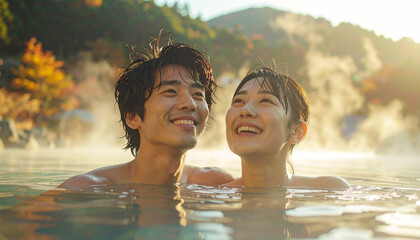 露天風呂に入っているカップル