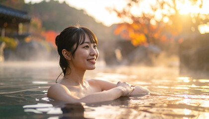 露天風呂に入っている女性