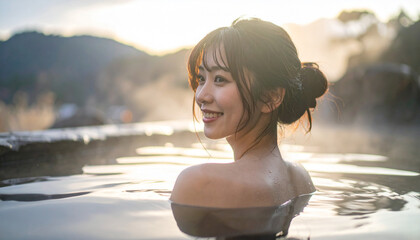 露天風呂に入っている女性