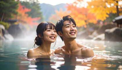 露天風呂に入っているカップル