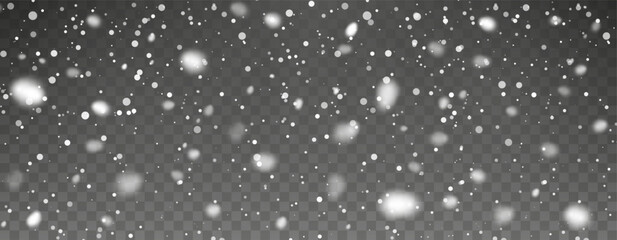 Realistic Falling Snow On Transparent Background. Winter Snowfall Effect For Christmas, Holiday, And Seasonal Design Projects. Vector Illustration