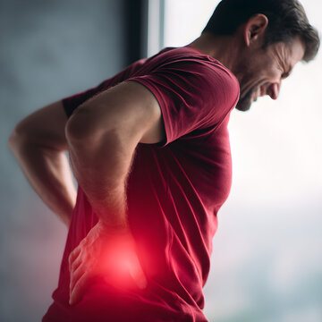 Back view of man holding his lower back in pain, health and spine discomfort concept, natural lighting.
