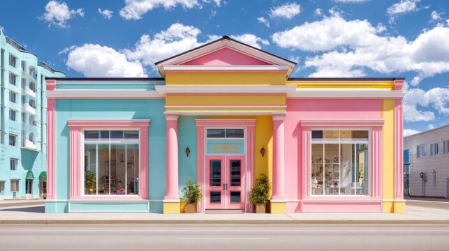 A vibrant, colorful commercial building with an eye-catching design, evoking a sense of joy and approachability