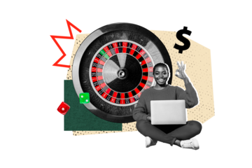 Composite trend artwork 3D sketch image photo collage of casino gambling play roulette online egame young lady hold laptop gesture ok rich