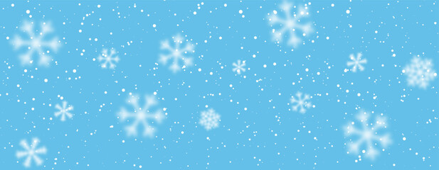 Snowflakes Falling On Blue Background With Soft Blur And Bokeh Effect. Perfect For Winter, Christmas, And Holiday Design Projects. Vector Illustration