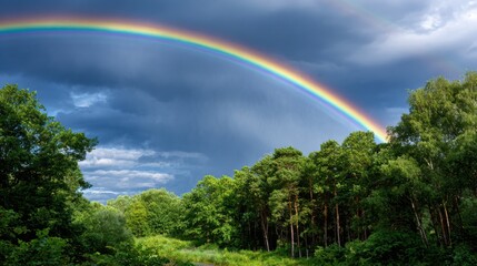 Naklejka premium A Vibrant Rainbow Arches Over a Lush Forest after Rain