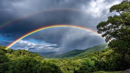 Naklejka premium A stunning double rainbow arcs over a verdant landscape. The vibrant colors of the rainbow contrast beautifully with the dark, stormy clouds