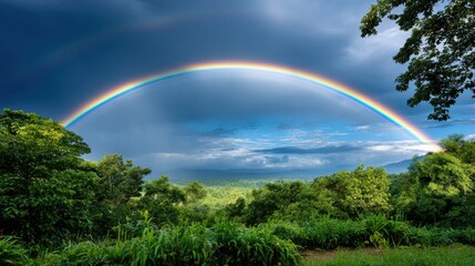 Naklejka premium A beautiful rainbow arches across a vibrant sky, creating a breathtaking vista of hope and wonder