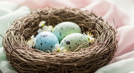Obraz premium Charming easter nest with speckled eggs and soft pastel background ideal for spring celebrations