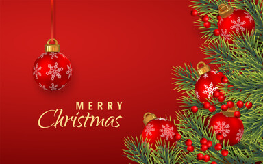 Merry Christmas Background With Red Baubles, Green Pine Branches, And Festive Berries On Elegant Red Backdrop. Holiday Greeting Card Design For Winter Celebration. Vector Illustration