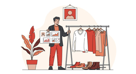 Fashion designer analyzing sales data for new collection in studio, preparing marketing strategy for seasonal trends, entrepreneurship, style