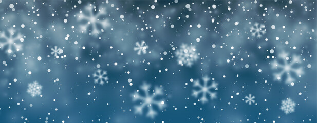 Beautiful Winter Snowfall Background With Soft Snowflakes On Blue Sky. Festive Christmas And Holiday Season Design. Vector Illustration
