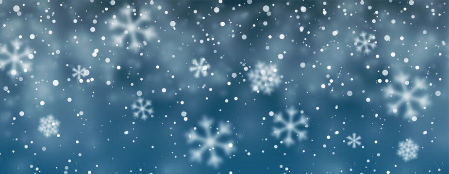Beautiful Winter Snowfall Background With Soft Snowflakes On Blue Sky. Festive Christmas And Holiday Season Design. Vector Illustration