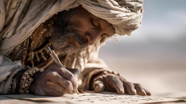 An elderly man in desert robes writes with a stylus on parchment in the sunlit desert.