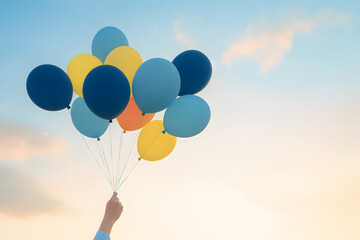 Balloons Around the World Day concept with female hand holding colorful balloons against the blue sky, symbolizing joy, celebration, and global festivity in a bright web banner